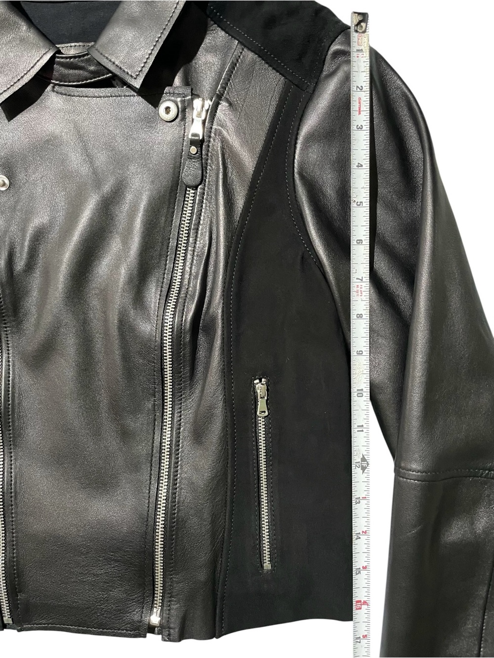 PAIGE Silvie Black Leather Suede Contrast Cropped Moto Jacket XS - Picture 12 of 12